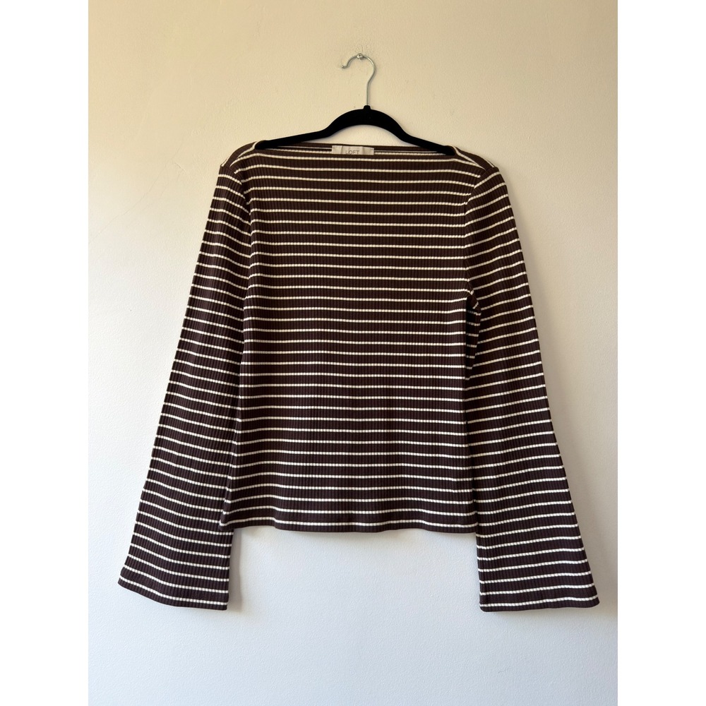 Loft Brown White Striped Ribbed Bell Sleeve Boat Neck Top Large